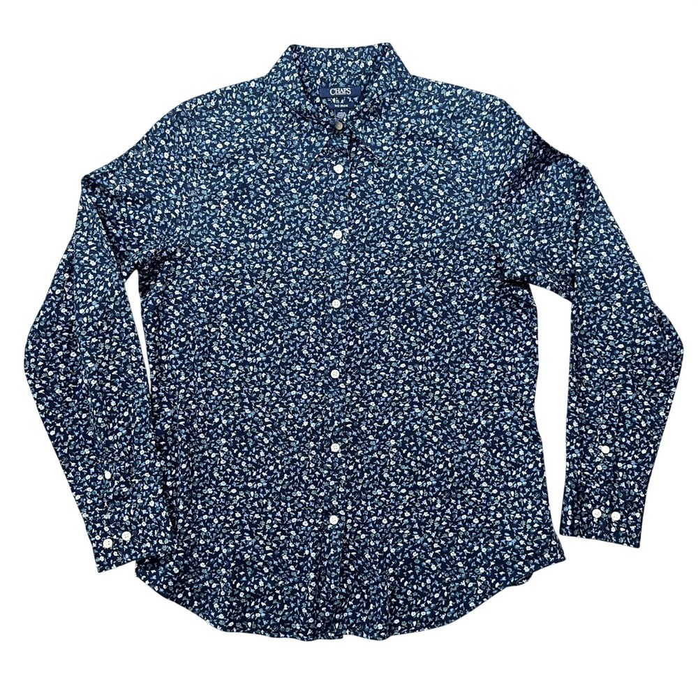 Chaps Button Down Shirt Womens M Blue Floral Ditsy Print Cottagecore Preppy